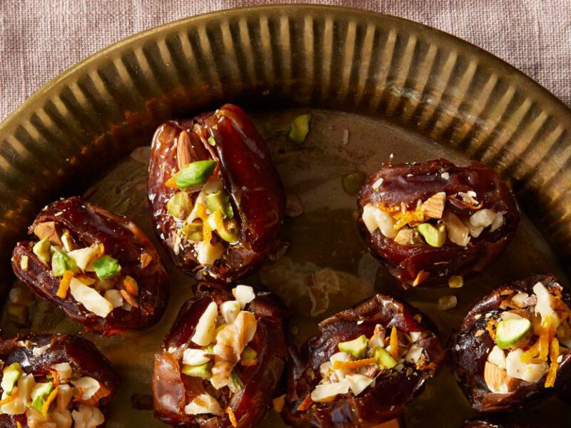 Pistachio Stuffed Dates on a metal tray