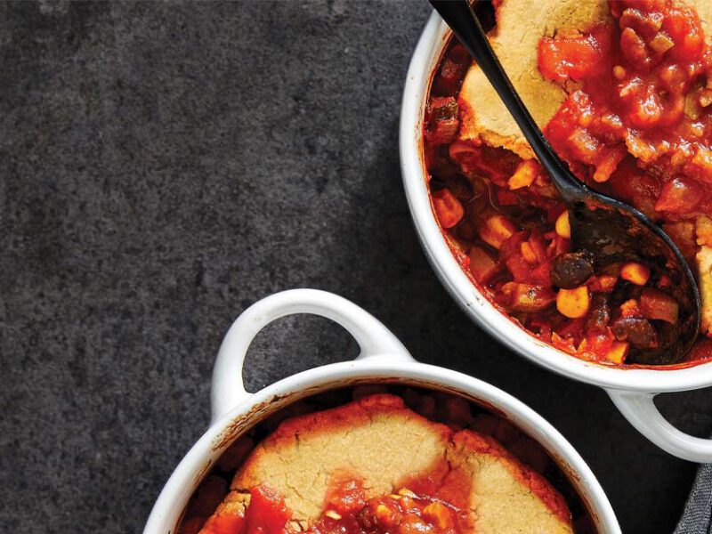 Mini Vegan Tamale Pie in white ramekins