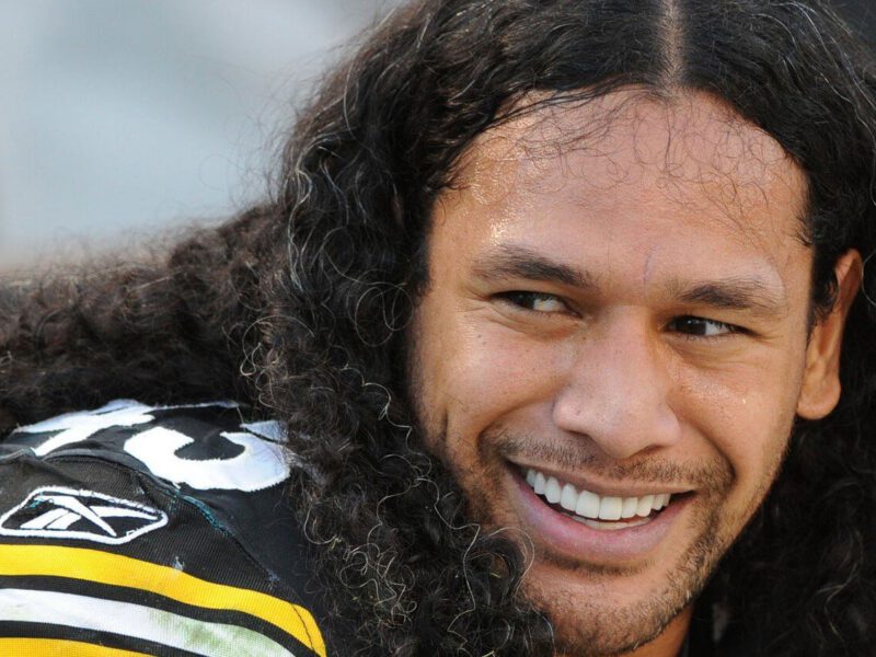 A close up of Troy Polamalu in his team shirt, looking to the side