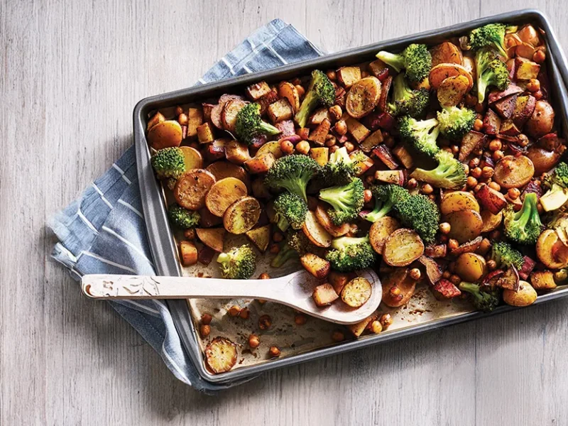 Sheet Pan Supper with broccoli and maple-glazed chickpeas