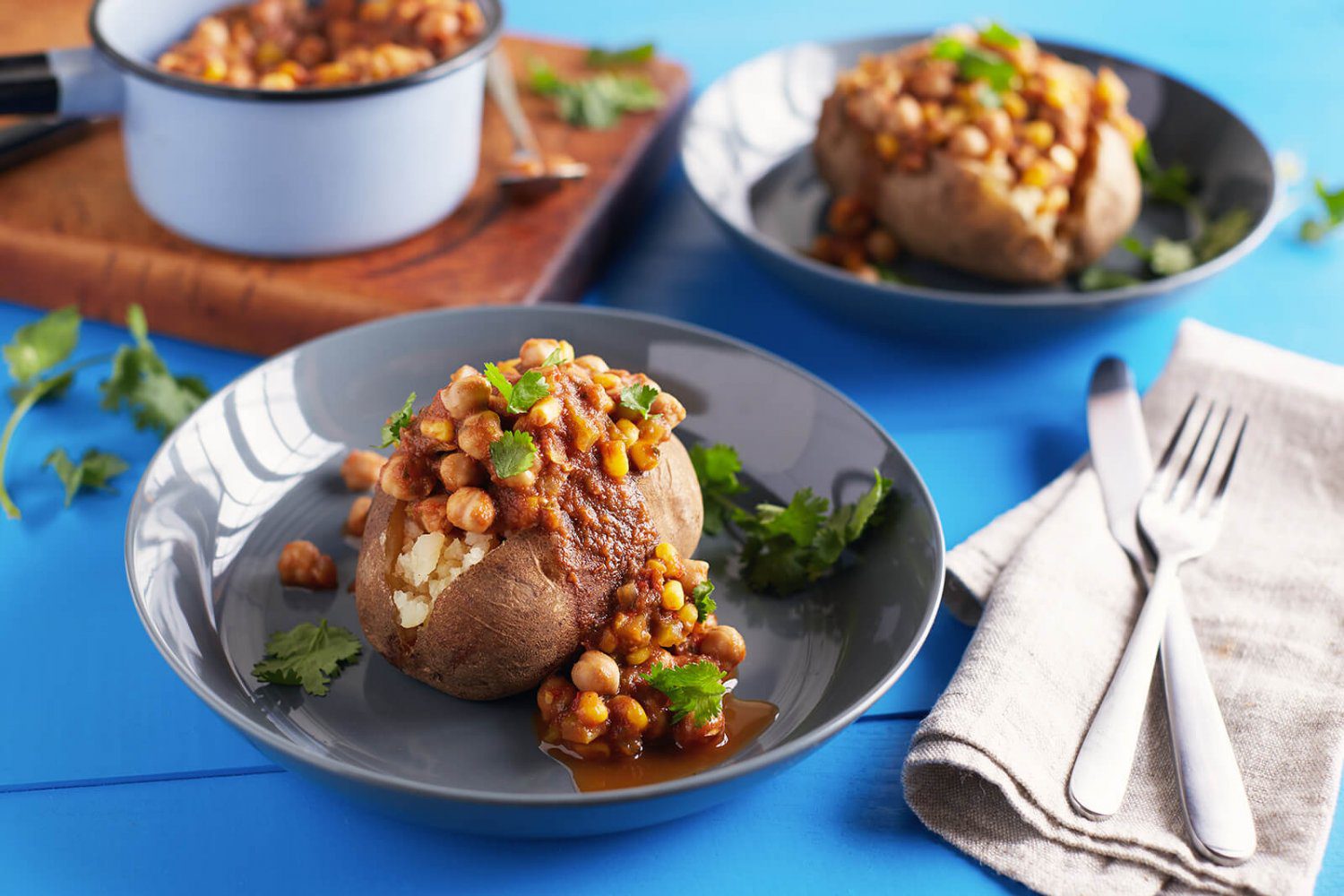 Vegan Chickpea Chili on Baked Potatoes