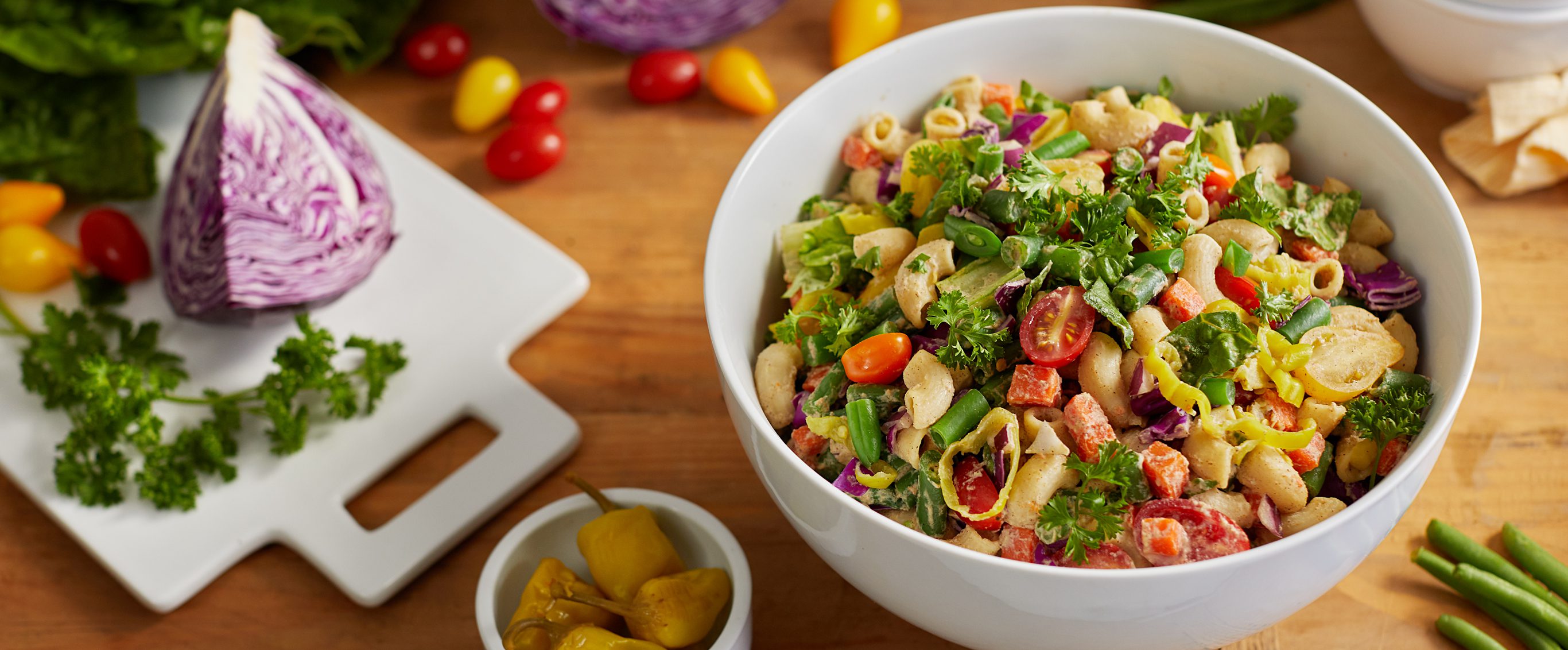 Chopped Veggie Salad with Pasta and Creamy Cauliflower Dressing