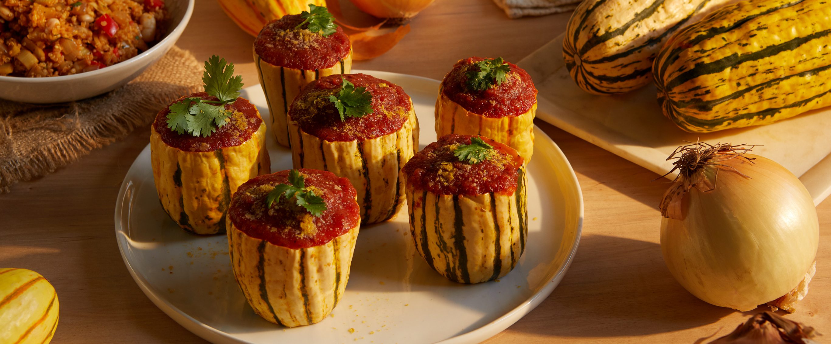Delicata Squash with Creole Quinoa Stuffing