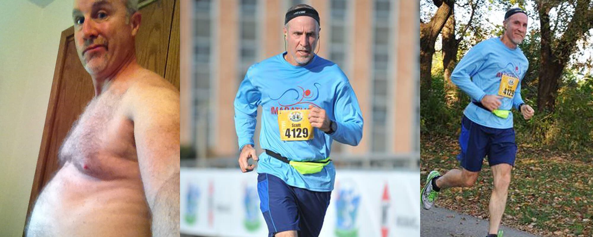 In the left of three images, Scott Putnam is shirtless and has a pot belly. In the other two pictures, Putnam is full of energy as he competes in a running race.