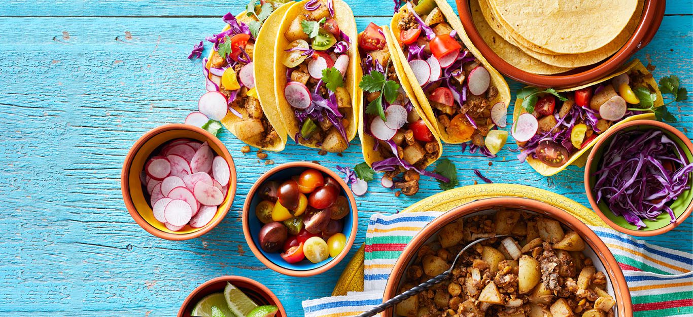 Mushroom Chorizo Tacos con Papas